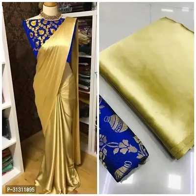 Stylish Satin Yellow Solid Saree with Blouse piece For Women-thumb0