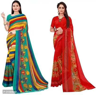 Stylish Georgette Multicoloured Printed Saree with Blouse piece For Women Pack Of 2-thumb0