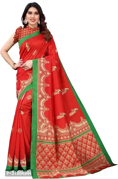 Stylish Red Cotton Silk Saree With Blouse Piece For Women-thumb0