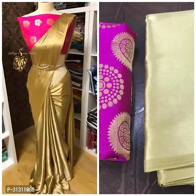 Stylish Satin Beige Solid Saree with Blouse piece For Women-thumb0