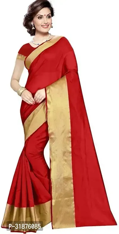 Stylish Red Cotton Silk Saree With Blouse Piece For Women-thumb0