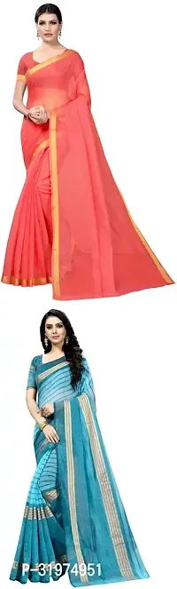 Stylish Multicoloured Cotton Silk Woven Design Saree With Blouse Piece For Women Pack Of 2-thumb0