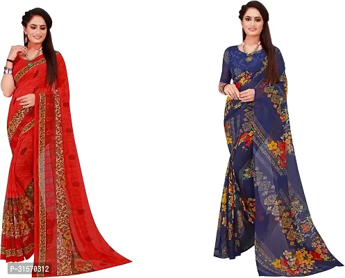 Stylish Georgette Multicoloured Printed Saree with Blouse piece For Women Pack Of 2-thumb0