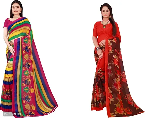 Stylish Georgette Multicoloured Printed Saree with Blouse piece For Women Pack Of 2-thumb0