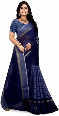 Stylish Navy Blue Cotton Silk Saree With Blouse Piece For Women-thumb1