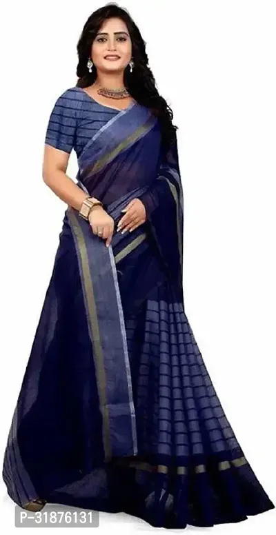 Stylish Navy Blue Cotton Silk Saree With Blouse Piece For Women-thumb2