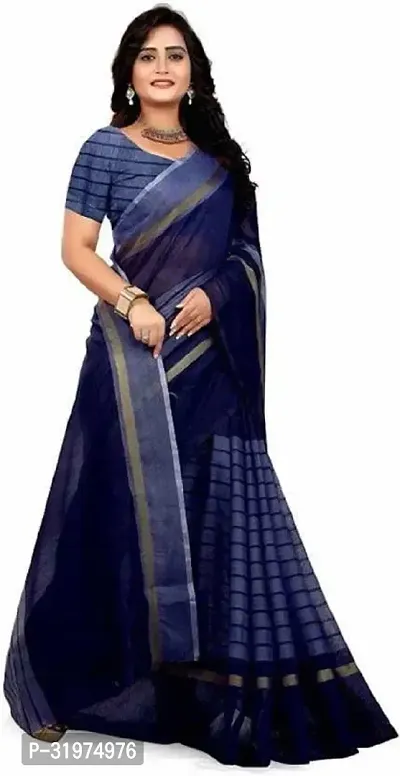 Stylish Navy Blue Cotton Silk Woven Design Saree With Blouse Piece For Women-thumb2