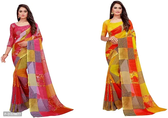 Stylish Georgette Multicoloured Printed Saree with Blouse piece For Women Pack Of 2-thumb0