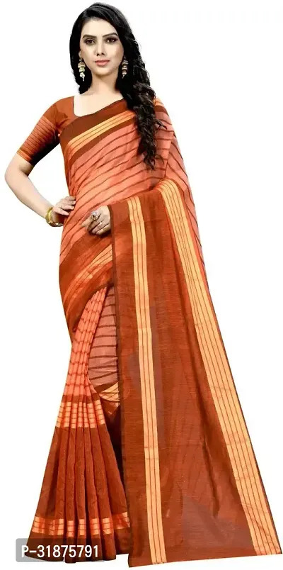 Stylish Orange Cotton Silk Saree With Blouse Piece For Women-thumb0