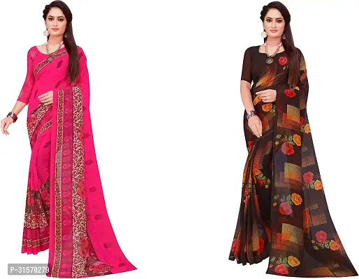 Stylish Georgette Multicoloured Printed Saree with Blouse piece For Women Pack Of 2-thumb0