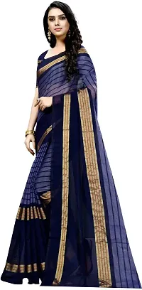 Stylish Navy Blue Cotton Silk Saree With Blouse Piece For Women-thumb2