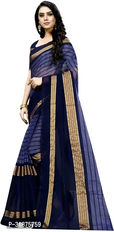 Stylish Navy Blue Cotton Silk Saree With Blouse Piece For Women-thumb3