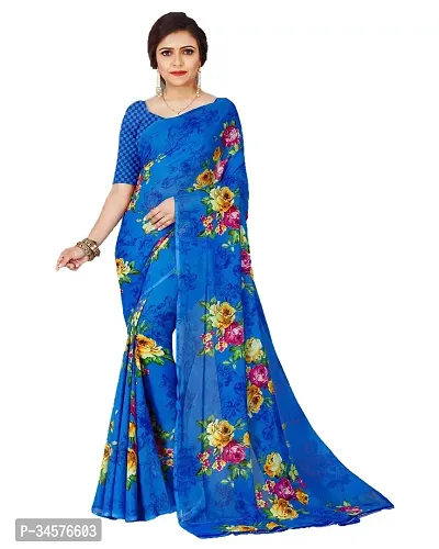 Stylish Blue Georgette Saree with Blouse piece For Women-thumb0