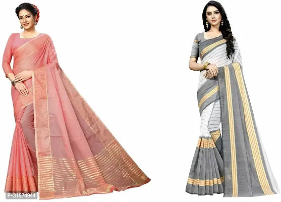 Stylish Multicoloured Cotton Silk Woven Design Saree With Blouse Piece For Women Pack Of 2-thumb0