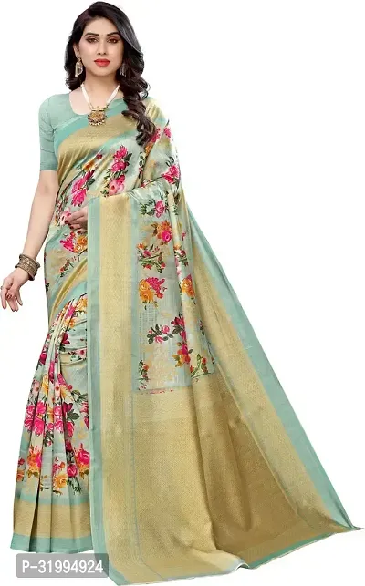 Stylish Turquoise Cotton Silk Saree With Blouse Piece For Women-thumb0