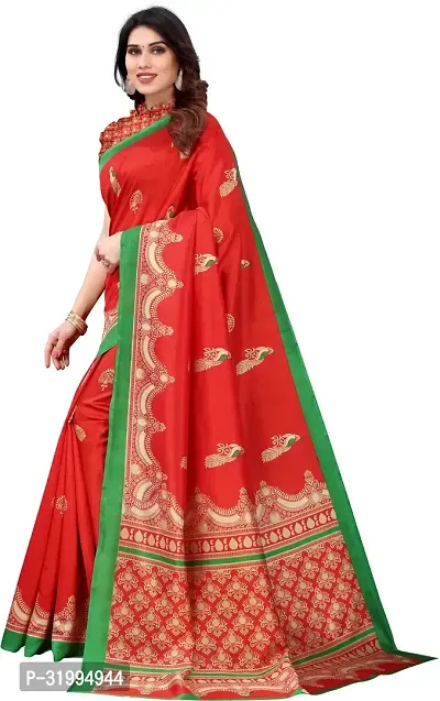 Stylish Red Cotton Silk Saree With Blouse Piece For Women-thumb3