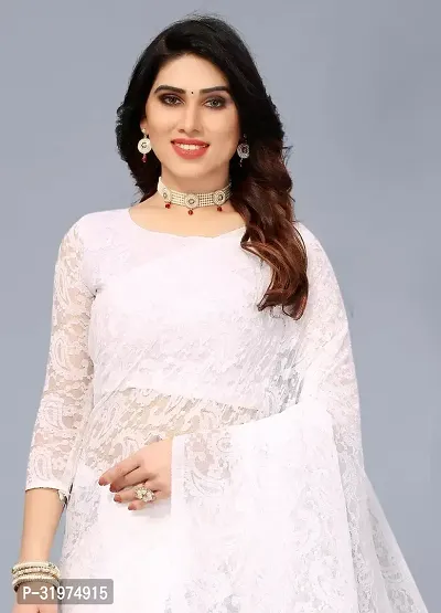 Stylish White Net Printed Saree With Blouse Piece For Women-thumb5