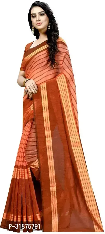 Stylish Orange Cotton Silk Saree With Blouse Piece For Women-thumb3