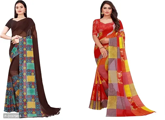 Stylish Multicoloured Georgette Printed Saree With Blouse Piece For Women Pack Of 2