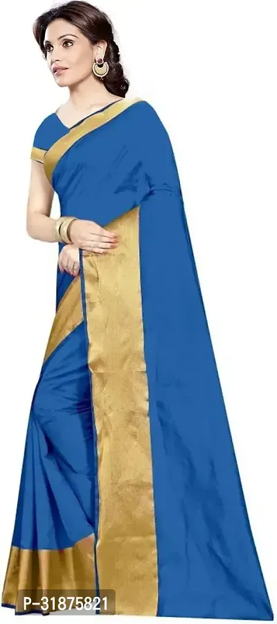 Stylish Blue Cotton Silk Saree With Blouse Piece For Women-thumb0