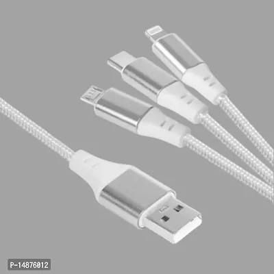 MOBILE CHARGING CABLE  3in1 FOR ALL MOBILE DEVICES , SUPPORT MICRO USB(ANDROID), TYPE C AND IPHONE CHARGING , NYLON BRAIDED CABLE , WHITE COLOR-thumb0