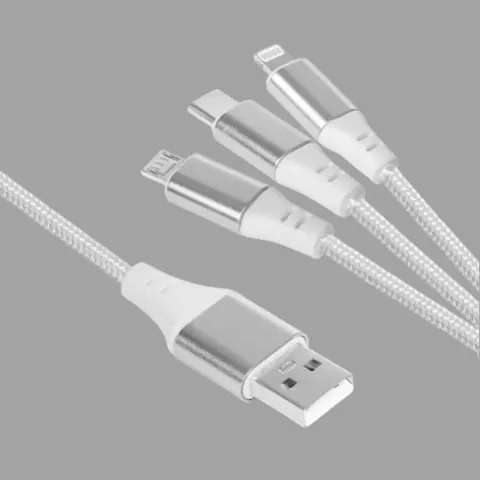 MOBILE CHARGING CABLE  3in1 FOR ALL MOBILE DEVICES , SUPPORT MICRO USB(ANDROID), TYPE C AND IPHONE CHARGING , NYLON BRAIDED CABLE , WHITE COLOR