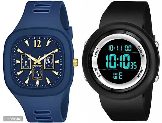 Multi Function Addi Days and Date Dial Strap Color Black Alarm Sports Combo Digital(Blue Miller and White Addis) Watch for Boys  Girls-thumb0