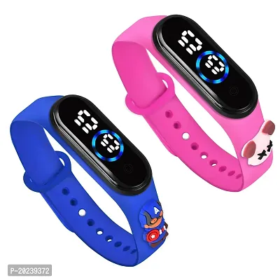 PUTHAK   Digital Kids LED Fashion Wrist Band with Colorful Cartoon Character Watch Boys and Girls - (Blue Pink)  PACK  2