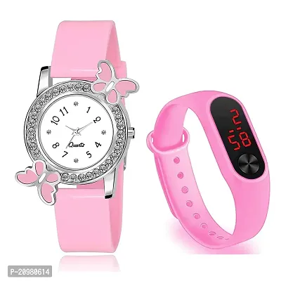 PUTHAK  Pink Butterfly Analogue and Rectangular Digital Dial LED Display Watch for Girl's  Women's Watches Combo Pack of 2-thumb0