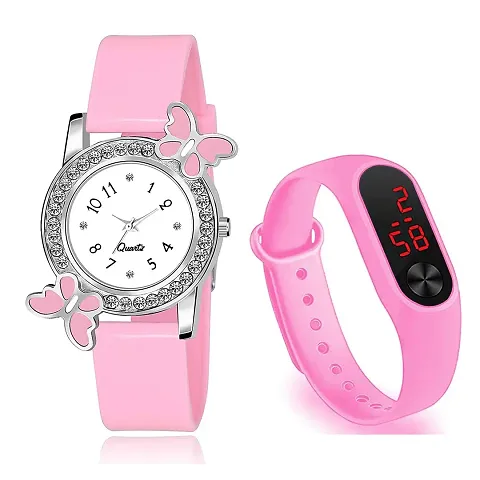 SIMPER Pink Butterfly Analogue and Rectangular Digital Dial LED Display Watch for Girl's & Women's Watches