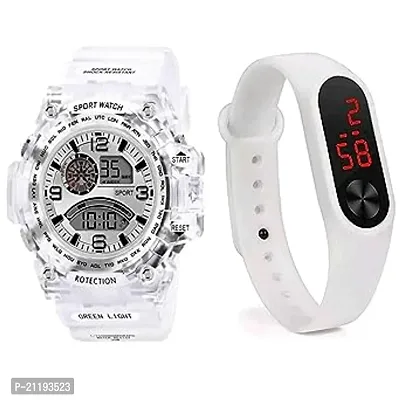 PUTHAK   Multi-Functional White Transparent Strap Waterproof Automatic Watch With White Color Led Band Digital Combo Watch For Boys And Girls