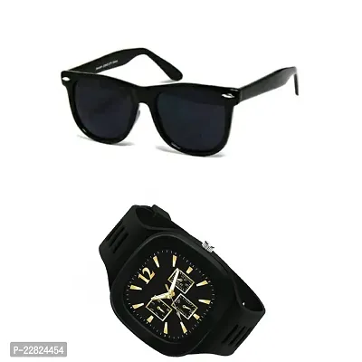 PUTHAK   Boys Sunglasses,U V Protected Black Rectangular Sunglasses With Analog Watch (Free Size)