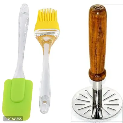 PUTHAK  Combo of Stainless Steel Vegetable and Potato Masher with Silicone Spetula and Oil Brush Set