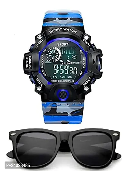 PUTHAK Digital Sports Multi Functional Black Dial Watch for Mens Boys with Black Sunglasses