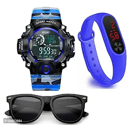 PUTHAK  Digital Sports Blue m2 led Multi Functional Black Dial Watch for Mens Boys with Black Sunglasses