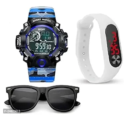 PUTHAK  Digital Sports White led m2 Multi Functional Black Dial Watch for Mens Boys with Black Sunglasses