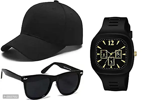 PUTHAK  Baseball Cap,Black Silicon Watch  Black Sunglasses Combo for Men  Boys.Pack of 3-thumb0