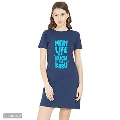 Stylish Navy Blue Cotton Blend Printed T-Shirt Dress For Women-thumb0