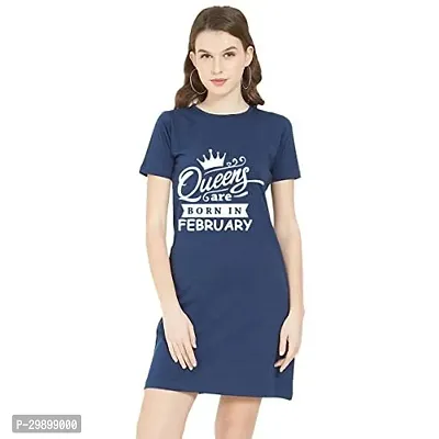 Stylish Navy Blue Cotton Blend Printed T-Shirt Dress For Women-thumb0