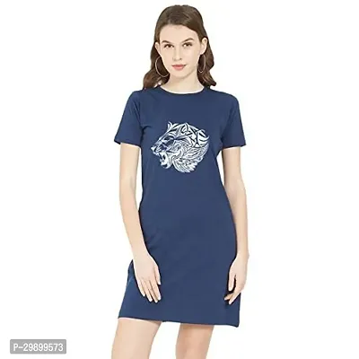 Stylish Navy Blue Cotton Blend Printed T-Shirt Dress For Women-thumb0