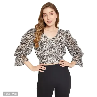 FORPRETTY Polyester V-Neck Crop Tops for Women Off White Black Animal Printed Crepe Blouson Casual Full Sleeve Summer Top for Girls Formal Office Wear
