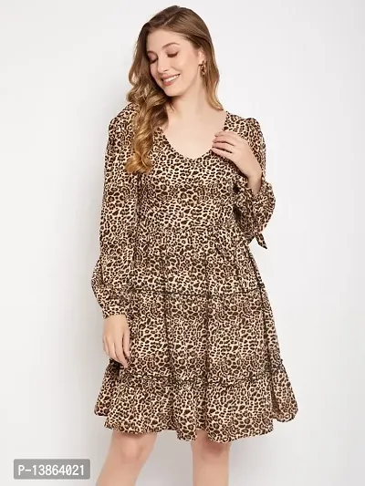 Leopard Printed Full Sleeve Knee Length Crepe Dress
