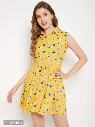 Yellow Graphic Printed Sleeveless Knee Length Dress-thumb0