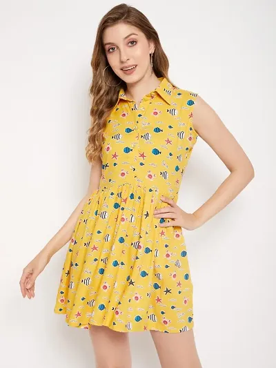 Yellow Graphic Printed Sleeveless Knee Length Dress