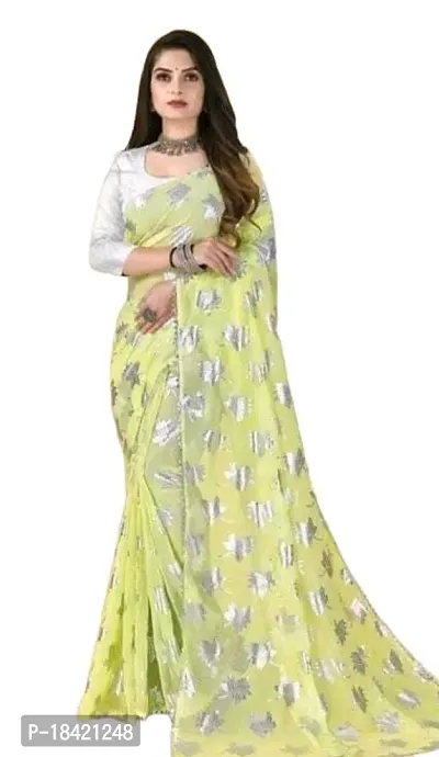 krishan Georgette Chiffon Silver Foil Printed Floral 3/4 Sleeves Simpal Silver Tample Border Saree with Blouse for Women (p.c-saree-yellow)