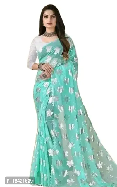 krishan Georgette Chiffon Silver Foil Printed Floral 3/4 Sleeves Simpal Silver Tample Border Saree with Blouse for Women (p.c-saree-skyblue)