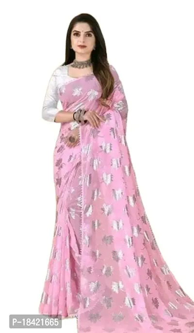 krishan Georgette Chiffon Silver Foil Printed Floral 3/4 Sleeves Simpal Silver Tample Border Saree with Blouse for Women (p.c-saree-pink)