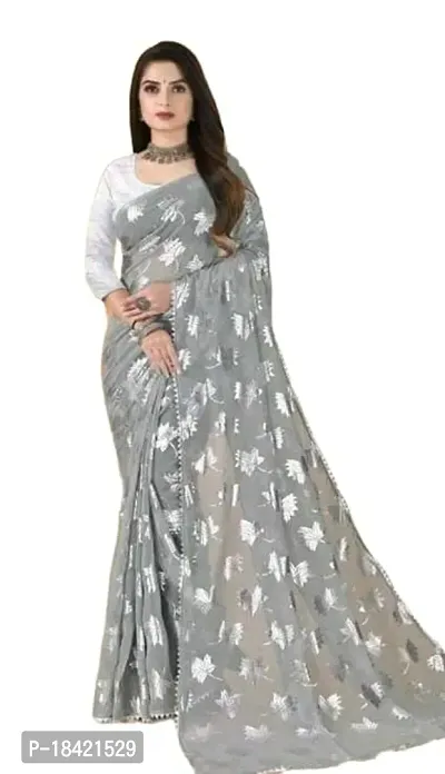 krishan Georgette Chiffon Silver Foil Printed Floral 3/4 Sleeves Simpal Silver Tample Border Saree with Blouse for Women (p.c-saree-grey)