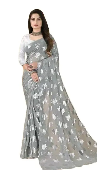 krishan Georgette Chiffon Silver Foil Party Wear Simpal Silver Tample Border Saree With Blouse for Women