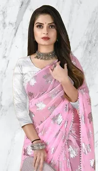 krishan Georgette Chiffon Silver Foil Printed Floral 3/4 Sleeves Simpal Silver Tample Border Saree with Blouse for Women (p.c-saree-pink)-thumb3